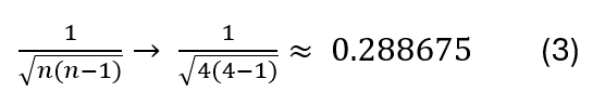Formula three: Starting with 1 divided by the square root of n times (n minus 1), when you substitute n equals 4, you get 1 divided by the square root of 4 times (4 minus 1), which simplifies to 1 divided by the square root of 12, and this approximately equals 0.288675.